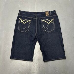 Vintage y2k super baggy dark denim wide leg shorts Gold embroidery